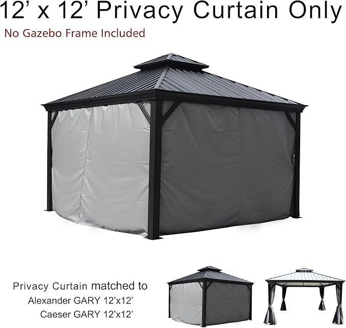 Kozyard Gazebo Privacy Curtain Outdoor Waterproof Sidewall for Hardtop Gazebo, OEM Replacement for Patio Gazebo Curtains for Alexander, Caesar, Rosana and Apollo Model (12ft x 12ft, Gray)