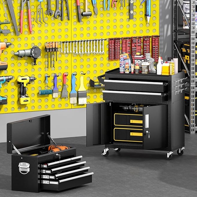 Greenvelly Rolling Tool Chest, 8-Drawer Metal Tool Chest with Wheels, Rolling Tool Cart with Detachable Top Tool Box, Metal Tool Box with Liner & Hooks for Garage, Workshop, Warehouse, Black ?