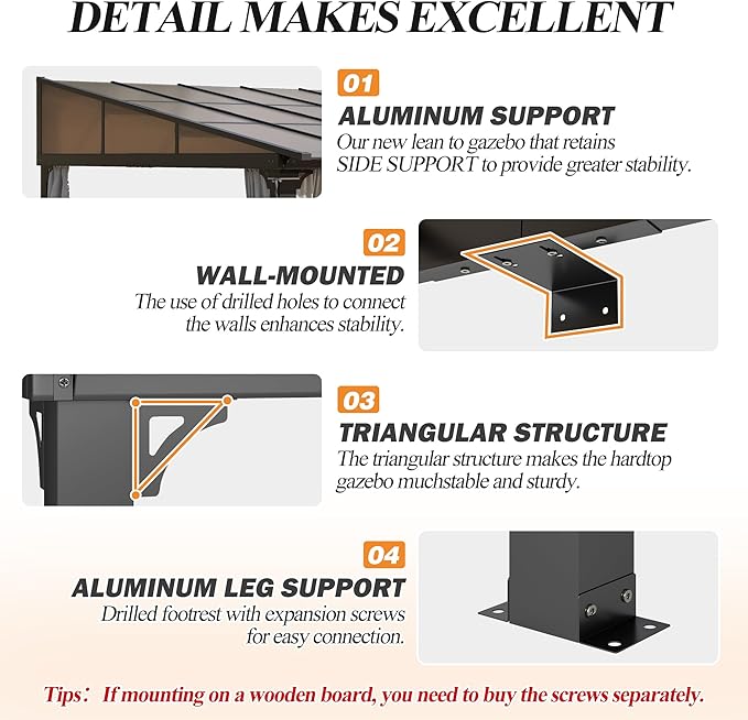GARTOO 12’ x 14’ Gazebo for Patio - Aluminum Lean to Gazebos Pergola with Sloping Roof, Outdoor Wall-Mounted Canopy Awnings to House for Patio, Garden, Lawn, Backyard Deck