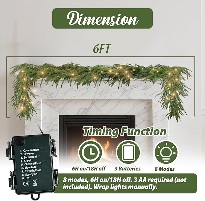 6 Ft Norfolk Pine Garlands, Real Touch Winter Pine Garland, Dense Green Artificial Greenery Garland for Table, Mantle, Staires, Wall, Indoor, Outdoor Christmas Decorations