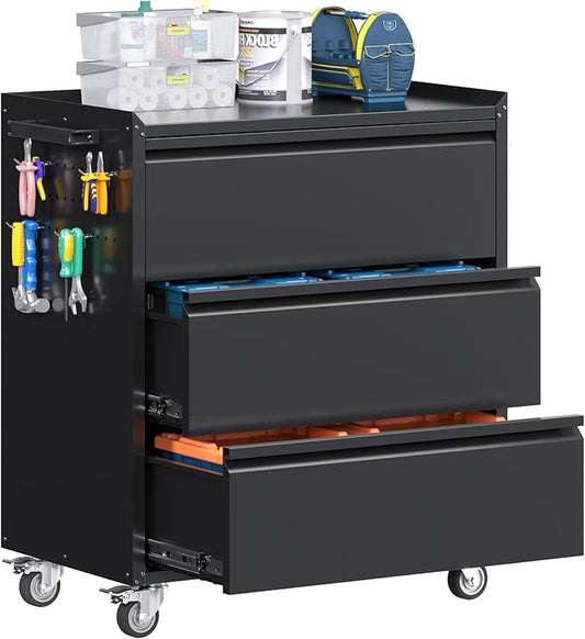 Aobabo Tool Storage Garage Cabinet with Wheels, 3 Drawer Tool Chest Rolling Metal Storage Cabinet on Wheels, Assembly Required, Black
