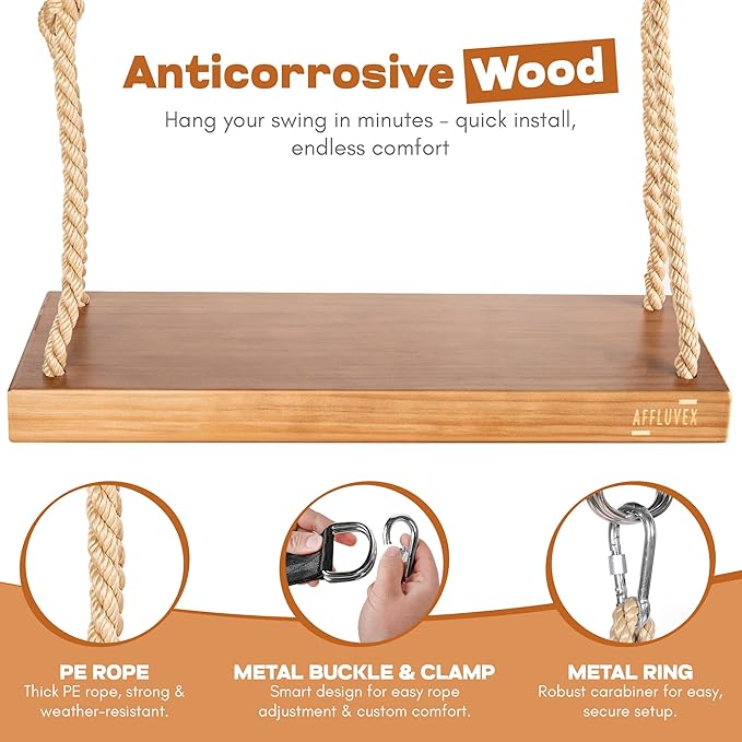 Outdoor Wood Hanging Seat, 22" x 8" x 2" Cedar Wooden Tree Swing for Adults & Kids, 440+ lb Capacity, Adjustable 5-7 ft Rope, Classic Heavy Duty Tree Swing for Backyard & Porch
