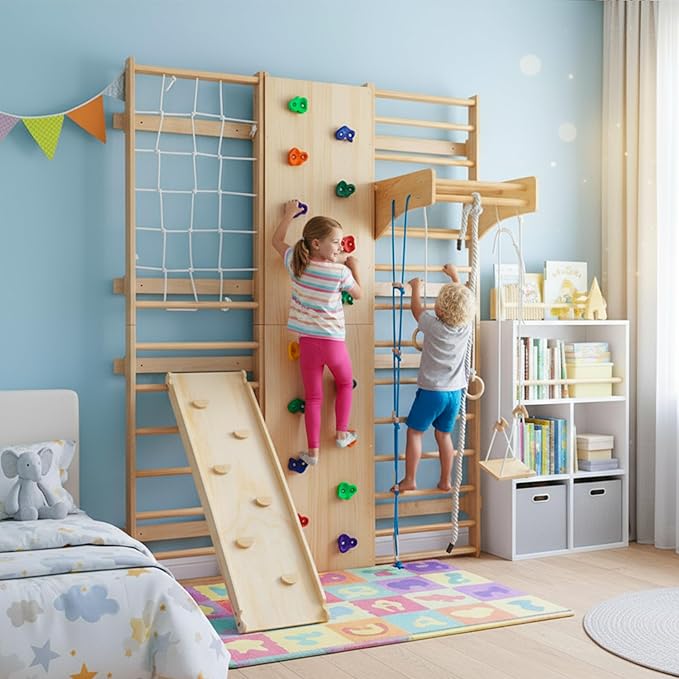 10-in-1 Indoor & Outdoor Wooden Playset for Kids, All-in-One Climbing Playground with Slide, Monkey Bars, Swing, Rock Wall, Climbing Net, Rings & Ladder –Sturdy Backyard Adventure Set for Active Play