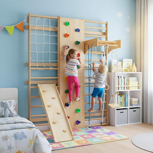 10-in-1 Indoor & Outdoor Wooden Playset for Kids, All-in-One Climbing Playground with Slide, Monkey Bars, Swing, Rock Wall, Climbing Net, Rings & Ladder –Sturdy Backyard Adventure Set for Active Play