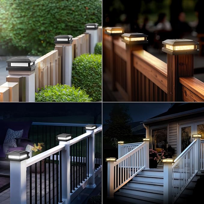 Brightever 4x4 Solar Light Outdoor 4 Packs, Waterproof Solar Powered Post Cap Light for 5x5 Vinyl/Wooden Post with Warm/Cool Lighting, Black 16LEDs Deck Cap Lights for Outside, Garden, Patio, Porch