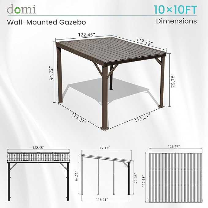 Domi 10' x 10' Lean to Gazebo, Wall Mounted Gazebos Pergola with Built in Drainage System, Galvanized Steel Roof, Hardtop Patio Shelter for Deck, Porch, Backyard and More,Brown