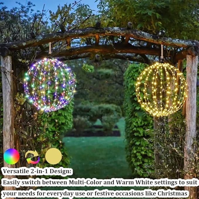 Outdoor Hanging Lighted Sphere Solar, Christmas Decoration Light Balls, 2 in 1 Warm White and Multicolor Chandelier, 208 LED 16" Large Iron Frame Foldable Globe for Patio Tree Gazebo Decor (2PK Solar)