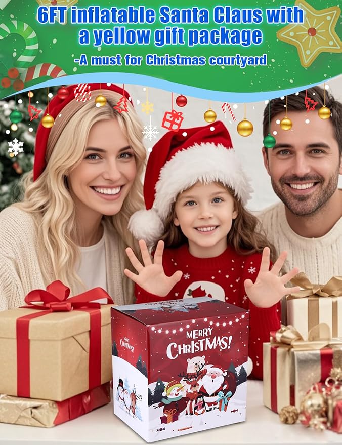 6FT Christmas Inflatables Outdoor Decorations,Inflatable Santa Claus Sitting on Gift Box Build-in LED Light-Christmas Blow Up Yard Decorations for Holiday Garden Lawn Yard Patio