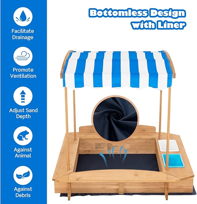 Costzon Kids Wooden Sandbox with Canopy, 50x46in Cedar Cabana Sandpit w/Ground Liner, 2 Toy Storage Boxes, Children Outdoor Playset Station for Backyard, Home, Lawn, Garden, Beach