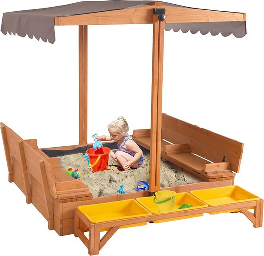 Aivituvin Kids Sand Boxes with Lid and Canopy, Outdoor Sandboxes with Cover, Foldable Bench Seats, Retractable Roof, Sand Table for Kids Ages 4-8 (Brown with Toy Bins)