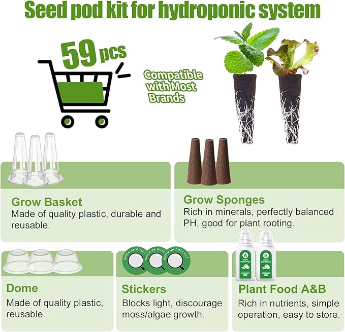 12 Pods Gourmet Herb Seed Kit Compatible with All Hydroponics, Hydroponic Growing Kit with Nutrient Solution, Seeds & Grow Sponges – Indoor Garden for Fresh Herbs & Vegetables (Nutrient & Basil)