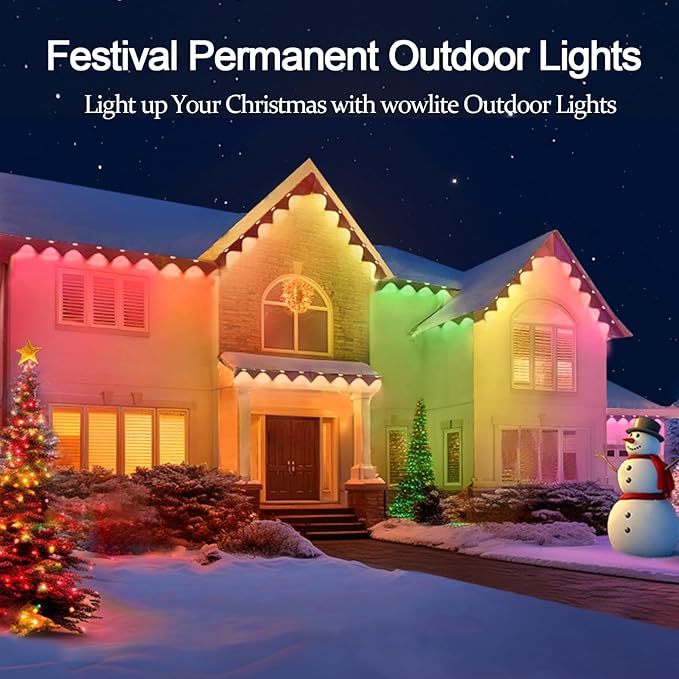 wowlite Permanent Christmas Smart RGB Outdoor Lights, 50FT Color Changing, Exterior Waterproof LED Eaves Lights for House Trim, Game Day Daily Lighting