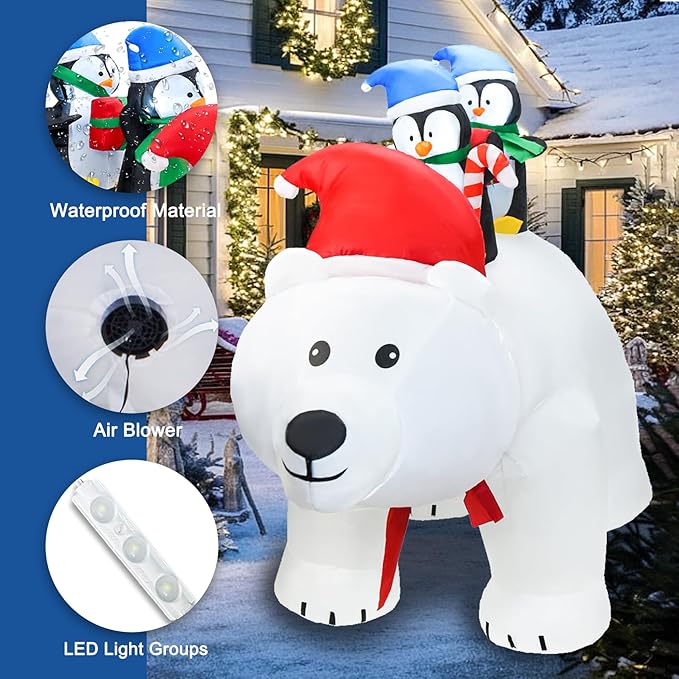 DearSun 7FT L Christmas Inflatable Penguins on Polar Bear with Shakable Head, Blow up Christmas Inflatable with Build-in LED Lights Outdoor Party Yard Decoration