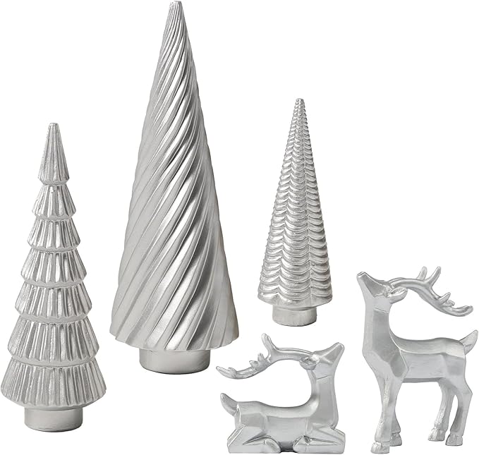 WDS WONDROUS Christmas Decor Trees and Reindeer Figurines Decoration- Sliver Set of 5 Christmas Tree Statues and Deer Decor Set, Resin Ornaments Tabletop Shelf Office Indoor
