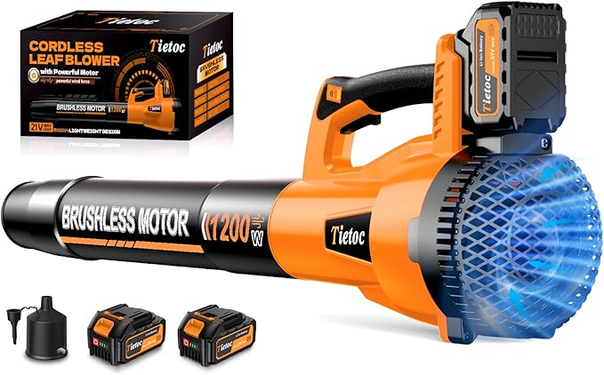 Tietoc Leaf Blower Cordless, 1200W Brushless Electric Leaf Blower with 2 X 5.0Ah Battery, 6 Speed Powerful Leaf Blowers for Garden, Patio, Lawn Care, Gift for Men Dad Husband Fathers Gardener (Orange)