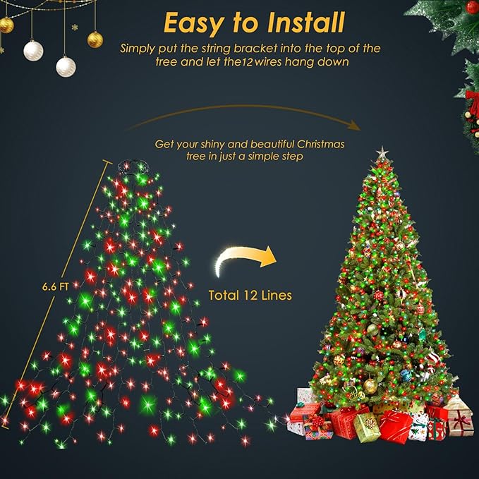 Easy Christmas Tree Lights Indoor Outdoor, 420 LED Christmas String Lights 6.6FT x 12 Lines with 8 Modes & Timer, Waterproof Twinkle Lights Plug in for 6FT Xmas Tree Christmas Decoration (Red & Green)