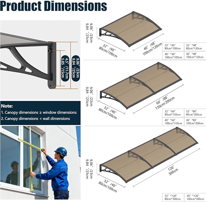 Awning for Outside, 32x120 UV-Resistant Rain and Snow-Proof House Overhang Canopy, Polycarbonate Door Awnings Exterior for Outdoor Patio, Porch, Deck, Window