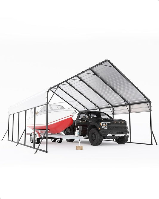 20x25 FT Metal Carport Heavy Duty Car Ports Reinforced Frame, Galvanized Steel Roof and Enhanced Base All-Weather Outdoor Oversized Shelter for Cars, Bass Boats, Full-Sized Pickup Trucks, Tractors