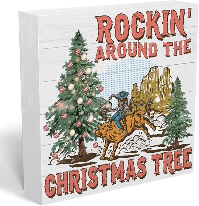 Christmas Rockin Around The Tree Sign Western Cowboy Sign Christmas Tree Decor Winter Desk Accessories Decorations for Table Home Shelf Office Gifts for Women 5 X 5 Inch