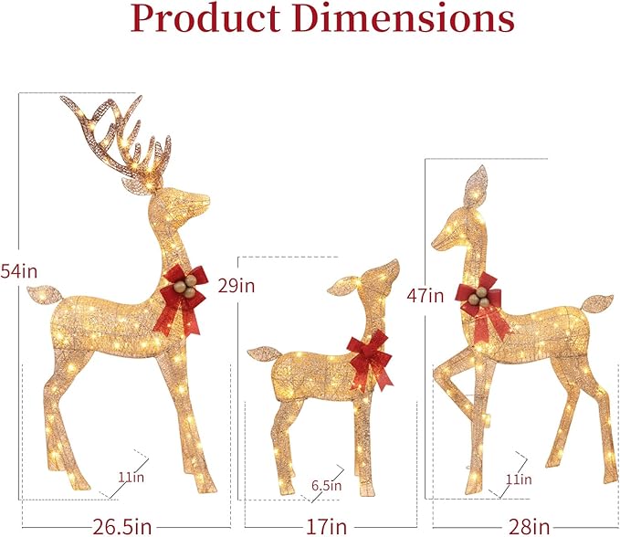 3-Piece Lighted Christmas Deer Family - HOLILITE 4.5ft 3D Pre-Lit Reindeer Outdoor Decorations with 210 LED Lights, Yard/Garden/Patio Holiday Display - Gold