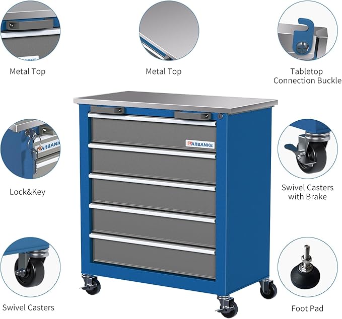 LARBANKE 5-Drawer Rolling Tool Chest,Tool Cabinet on Wheels with Keyed Locking System and Drawer Liners,Tool Chest with Link Buckle and can be Combined to Large Cabinet Set,for Warehouse,Garage
