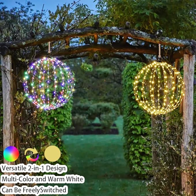 16" Large Outdoor Hanging Lighted Sphere, Christmas Decoration Light Balls, 2 in 1 Warm White and Multicolor Chandelier, 208 LED Iron Frame Foldable Globe for Patio Tree Gazebo Decor (2PK Plug in)