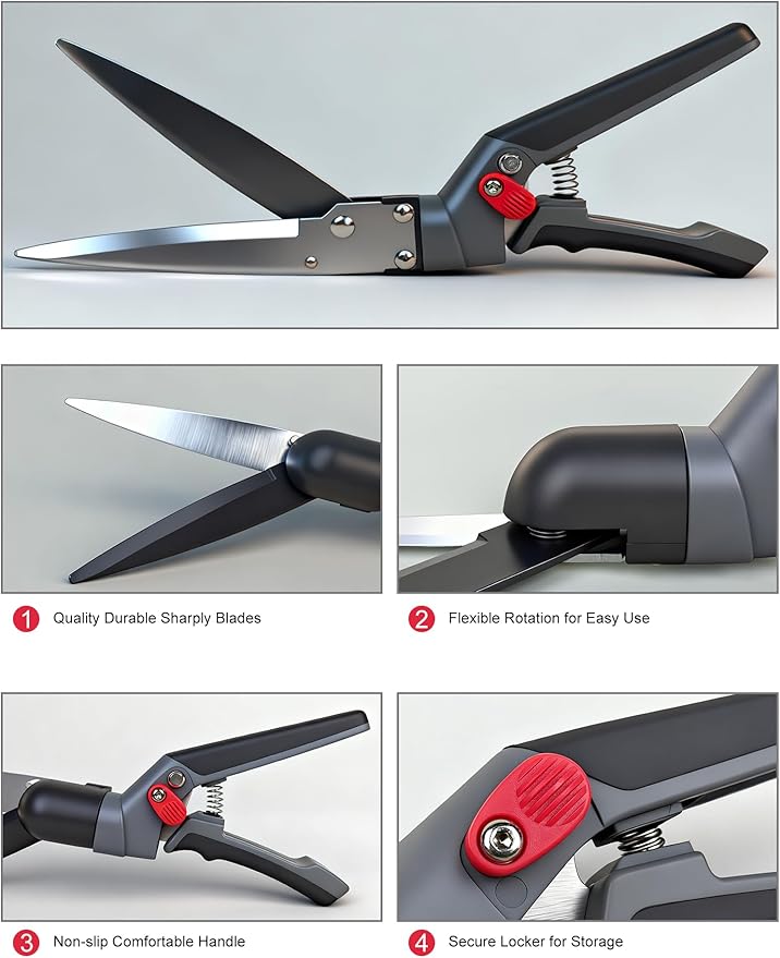 Grass Shears, 340¡Æ Swivel Stainless Steel Blades, Sharp Handheld Gardening Clippers Plant Tools Cutting Scissors, Multi-Purpose Lawn Edging Trimmer Shears for Garden Grass