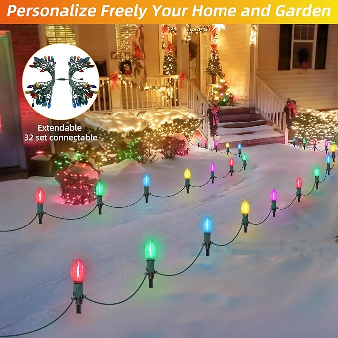 30Ft C9 Led Christmas Pathway Lights Outdoor, 20 Multicolor Bulbs Waterproof Connectable Christmas Walkway Lights with Stakes for Yard Lawn Sidewalk Driveway Decorations