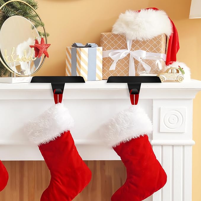 Fovths 4 Pieces Christmas Stocking Holders Bases Metal Mantle Stocking Hooks Fireplace Stocking Hanger Weighted Hanging Hooks for Xmas Holiday Party Decorations, Black