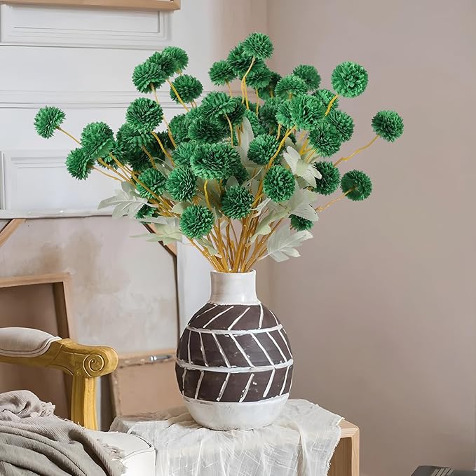 Hananona 12 Pcs Artificial Chrysanthemum Flowers, Green Kiku Pom Pom Mums Flower Faux Floral Arrangements Centerpiece for St Patrict Day Home Kitchen Decor (12, Blackish Green)