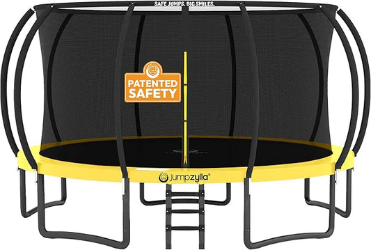 JUMPZYLLA Trampoline Outdoor 8FT 10FT 12FT 14FT 15FT 16FT with Enclosure and Ladder, ASTM Approved Recreational Trampoline for Kids and Adults, Anti-Rust Coated Frame
