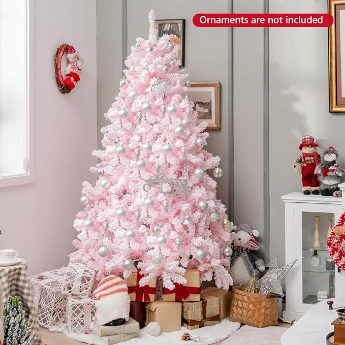 GOFLAME 6FT Pre-Lit Artificial Christmas Tree Snow Flocked, Hinged Xmas Tree with 808 PVC Branch Tips, 350 LED Lights & 8 Lighting Modes, Holiday Decoration Tree for Home, Office, Party, Pink