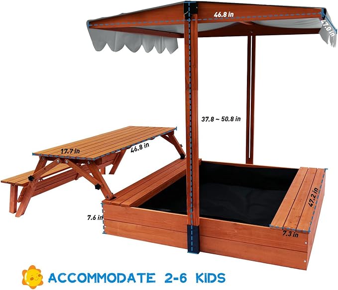 Wooden Kids Sandbox with Lid, Outdoor Sand Box with Picnic Table, Sandpit with Cover Canopy for Aged 3-8 Years Old, Adjustable Roof Bottom Liner
