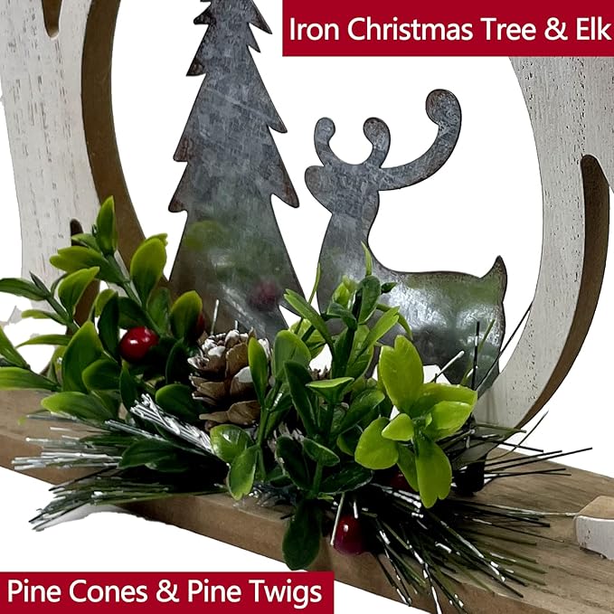 Christmas Table Decorations Joy Farmhouse Christmas Tree Elk Sign Wooden Winter Rustic Decor Vintage Holiday Block for Home Kitchen Xmas Party Mantel Tiered Tray Gift