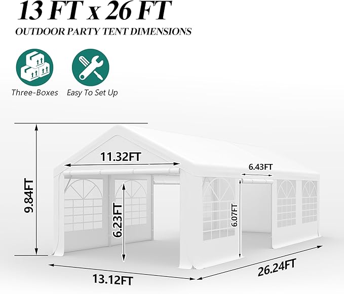 GARTOO 13' x 26' Heavy Duty Party Tent - Event Shelter Canopy Outdoor Wedding Gazebo with 4 Sand Bags for Wedding, Birthday Party, Outdoor Event