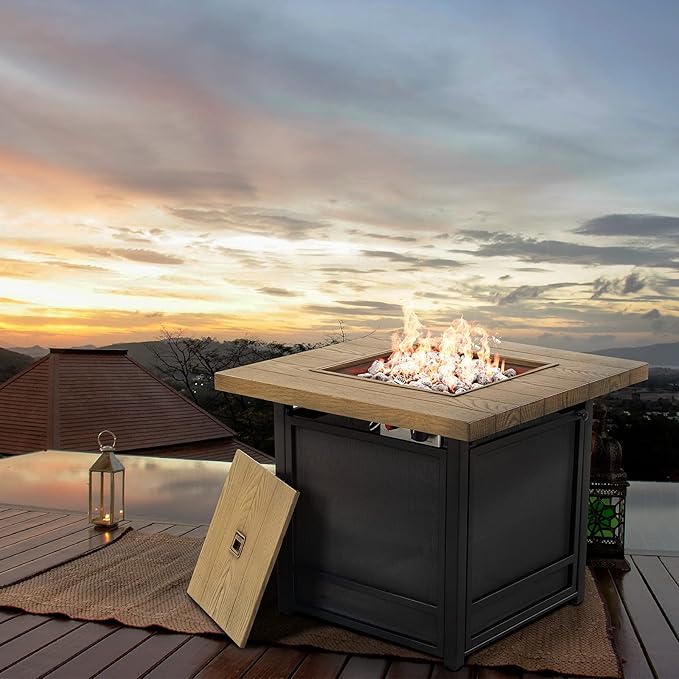 Grand Patio 29 Inch Propane Fire Pit, Outdoor Fire Pit Wood Grain Square Smokeless Firepit Table with Sling Base, Light Brown Tabletop/Square