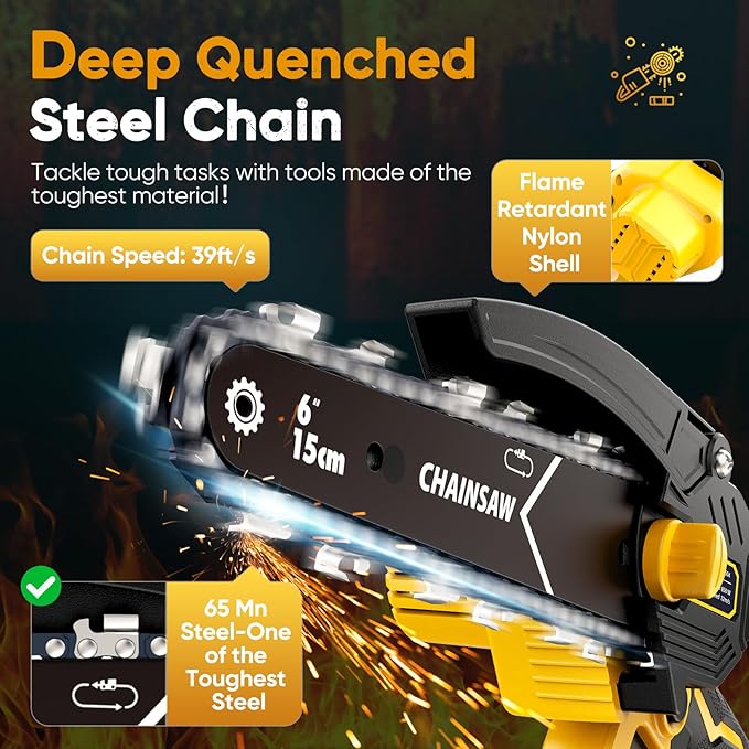 Chainsaw 6-Inch 2 Pack 2000mAh Battery Hand Mini Chain Saw Birthday Christmas Gifts for Men Portable Cordless for Wood Cutting Tree Trimming Projects Gardening Tools (Yellow)