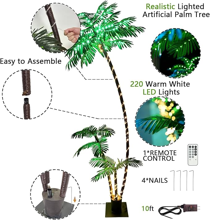 6 Feet Artificial Palm Tree, Light Up 220LED Christmas Tree Decorations, 8 Modes Fake Room Decor Palm Trees for Outside Patio, Home Indoor, Tiki Bar, Outdoor Pool Tropical Party
