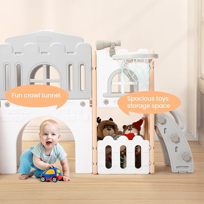 8-in-1 Toddler Slide & Climber Playset for Kids 1-3 Years, Indoor Outdoor Activity Center with Basketball Hoop, Tunnel, Telescope, Steering Wheel & Storage, Safe HDPE Backyard Fun House