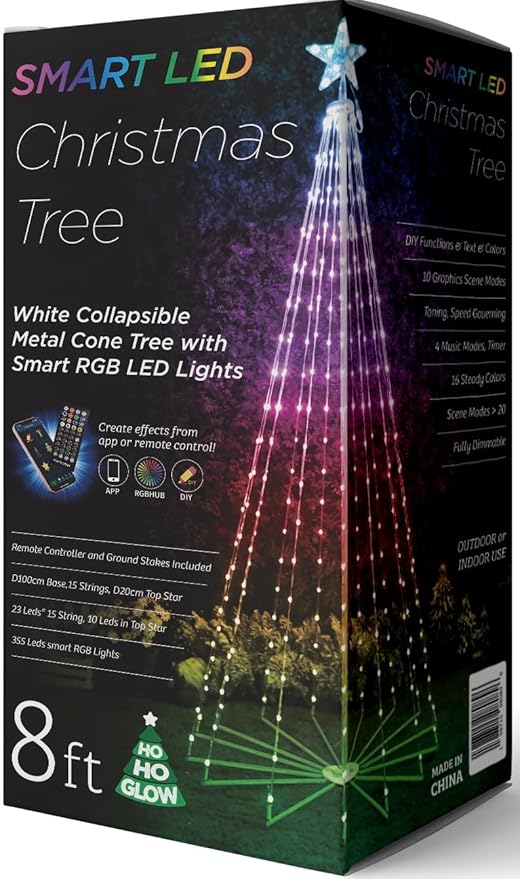 Indoor and Outdoor 8ft 355 Smart LED Christmas Tree with Adjustable Lights Music Modes, and Scenes with App Control, Pre-Lit Seasonal Decoration