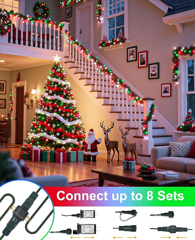 40FT 120 LED Christmas Lights Outdoor, Red White Green Christmas String Lights with Waterproof, 8 Modes & Timer, Connectable Christmas Tree Lights for Indoor Bedroom Xmas Holiday Decor