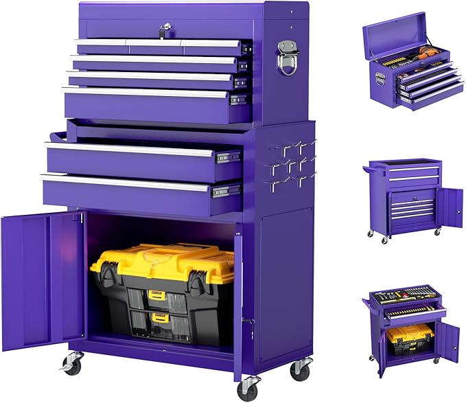 Superday Metal Tool Chest, 8 Drawer Rolling Tool Chest with Wheels, Detachable Tool Storage Cabinet with Lock for Garage, Steel Tool Cart with Liner & Hooks for Workshop, Warehouse (Purple)