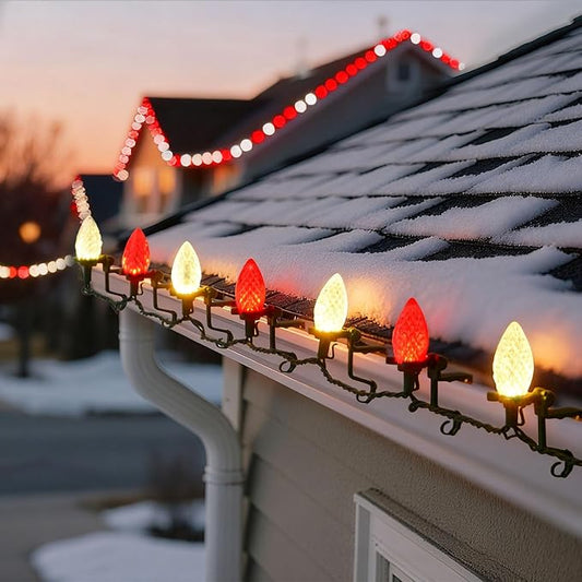 C9 LED Outdoor Christmas Lights,C9 String Lights with Quick Clips,for Xmas House Roof Gutter,Plug in & Connectable,66FT 100 Light,Red & Warm White