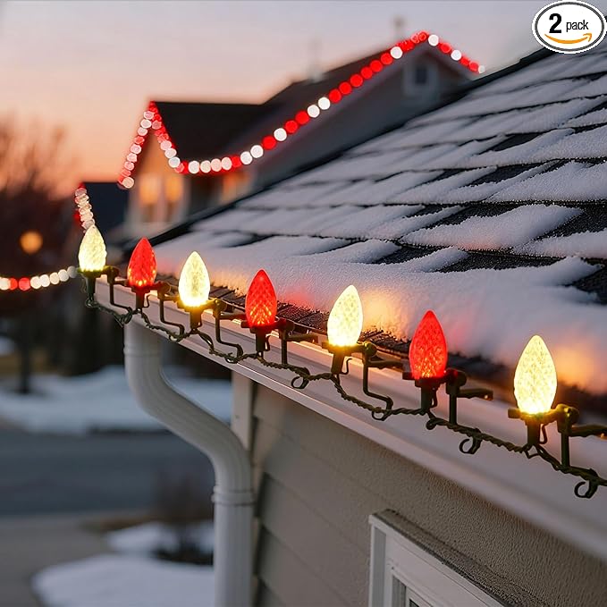 C9 LED Outdoor Christmas Lights,C9 String Lights with Quick Clips,for Xmas House Roof Gutter,Plug in & Connectable,132FT 200 Light,Red White Faceted
