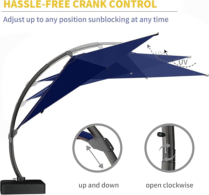 Kingdura 11ft Offset Cantilever Patio Umbrella with Base Included, Large Round Aluminum Outdoor Umbrella, 360° Rotation & Infinite Tilt, Heavy Duty Frame for Deck Pool Backyard, Navy blue