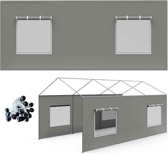 Carport Canopy Replacement Sidewall 20x6.6 FT Fits 10x20, 12x20 FT Carport with Roll-up Windows, Waterproof & UV Protected, Easy Assembly with Ball Bungees, Grey (Sidewalls Only, 2 Pack)