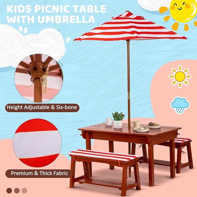 Kids Picnic Table with Umbrella, Outdoor Wooden Table & Bench Set w/Cushions & 2 Removable Boxes, 4-in-1 Children Sand and Water Activity Furniture w/Storage Cover for Patio, Garden