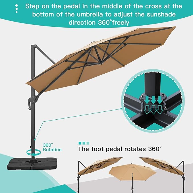 Sunnyglade 11Ft Cantilever Patio Umbrella Deluxe Offset Umbrella 360°Rotation & Integrated Tilting System Heavy Duty Patio Hanging Umbrella for Market Garden Deck Pool Backyard Patio (Tan, 11 ft)