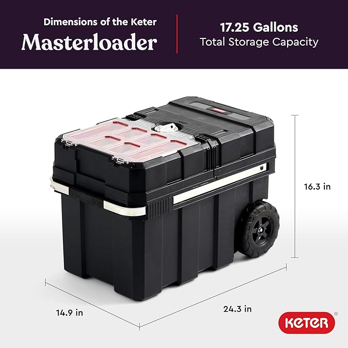 Keter Masterloader Resin Rolling Tool Box with Locking System and Removable Bins ? Perfect Organization and Storage Chest for Power Drill, Tape Measure, and Screwdriver Set, Black