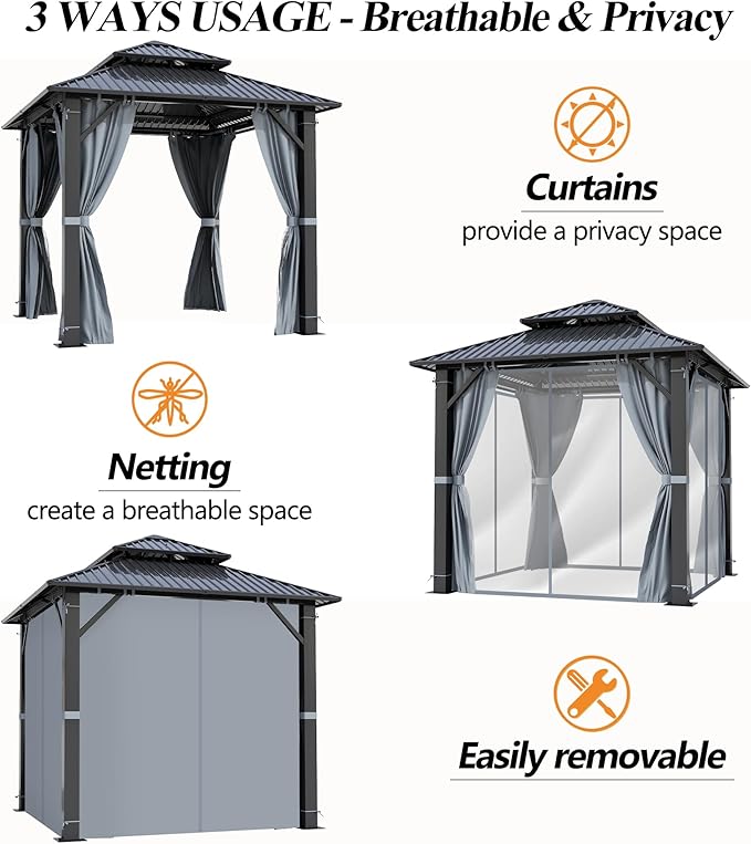 GARTOO 8.5x8.5FT Outdoor Hardtop Gazebo with Double Roof - Aluminum Heavy-Duty Steel Top Gazebo with Breathable Netting & Privacy Curtain for Patio, Porch, Garden, Lawn, Deck, Backyard